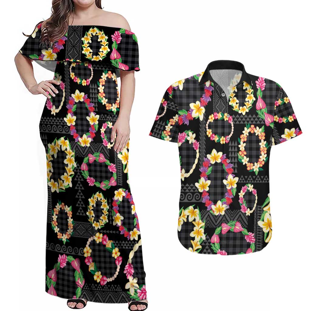 Hawaiian Kakau Tattoo Leis and Palaka Pattern Couples Matching Off Shoulder Maxi Dress and Hawaiian Shirt Traditional Aloha Tribal Black Color