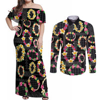 Hawaiian Kakau Tattoo Leis and Palaka Pattern Couples Matching Off Shoulder Maxi Dress and Long Sleeve Button Shirt Traditional Aloha Tribal Black Color