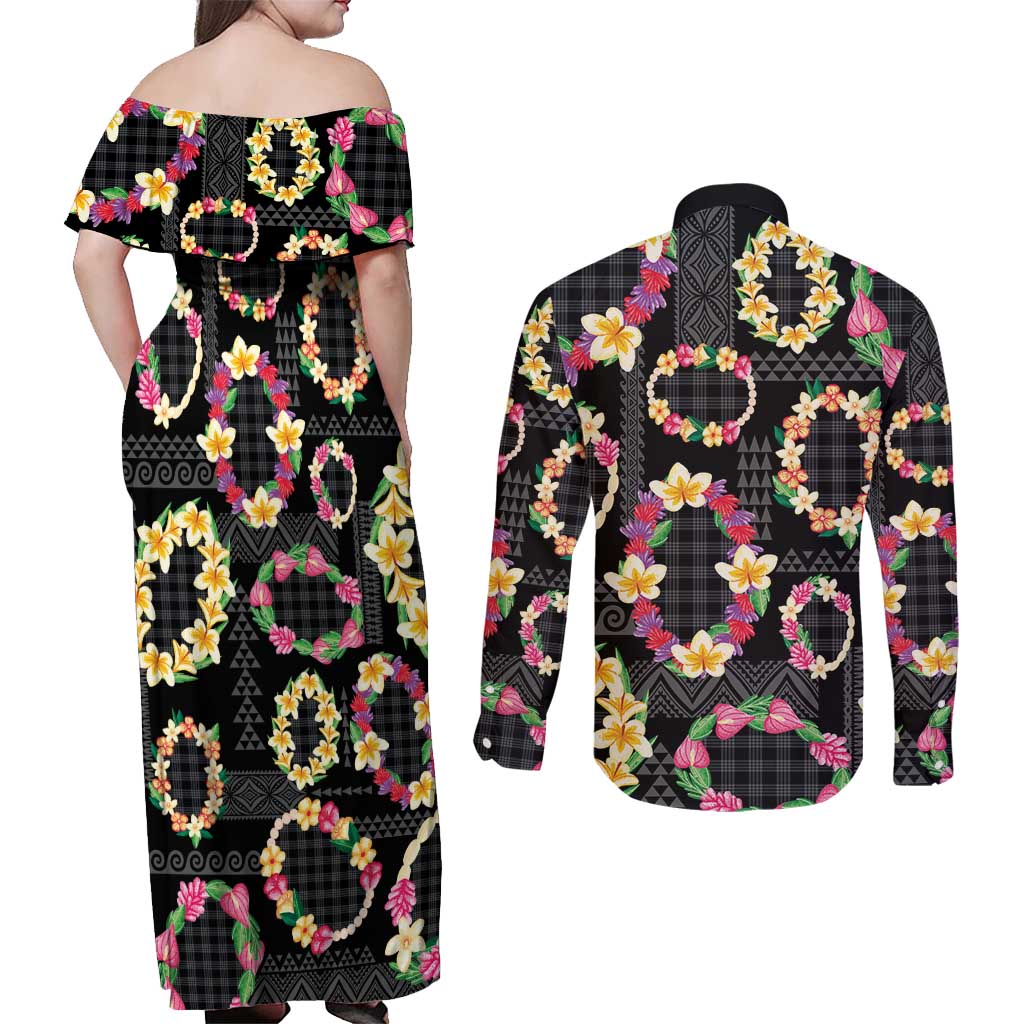 Hawaiian Kakau Tattoo Leis and Palaka Pattern Couples Matching Off Shoulder Maxi Dress and Long Sleeve Button Shirt Traditional Aloha Tribal Black Color