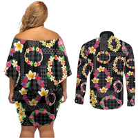 Hawaiian Kakau Tattoo Leis and Palaka Pattern Couples Matching Off Shoulder Short Dress and Long Sleeve Button Shirt Traditional Aloha Tribal Black Color