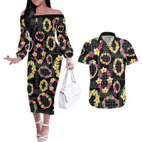 Hawaiian Kakau Tattoo Leis and Palaka Pattern Couples Matching Off The Shoulder Long Sleeve Dress and Hawaiian Shirt Traditional Aloha Tribal Black Color
