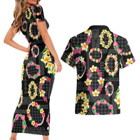 Hawaiian Kakau Tattoo Leis and Palaka Pattern Couples Matching Short Sleeve Bodycon Dress and Hawaiian Shirt Traditional Aloha Tribal Black Color