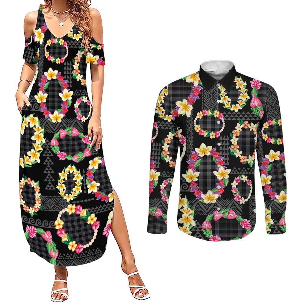 Hawaiian Kakau Tattoo Leis and Palaka Pattern Couples Matching Summer Maxi Dress and Long Sleeve Button Shirt Traditional Aloha Tribal Black Color