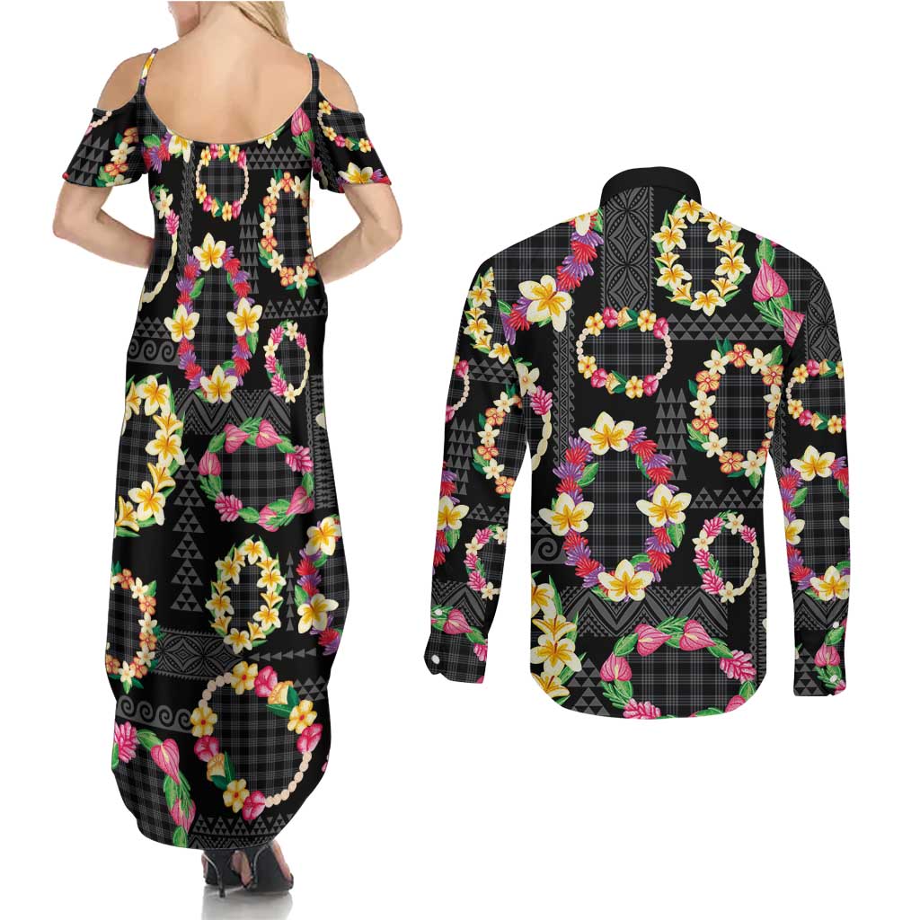 Hawaiian Kakau Tattoo Leis and Palaka Pattern Couples Matching Summer Maxi Dress and Long Sleeve Button Shirt Traditional Aloha Tribal Black Color
