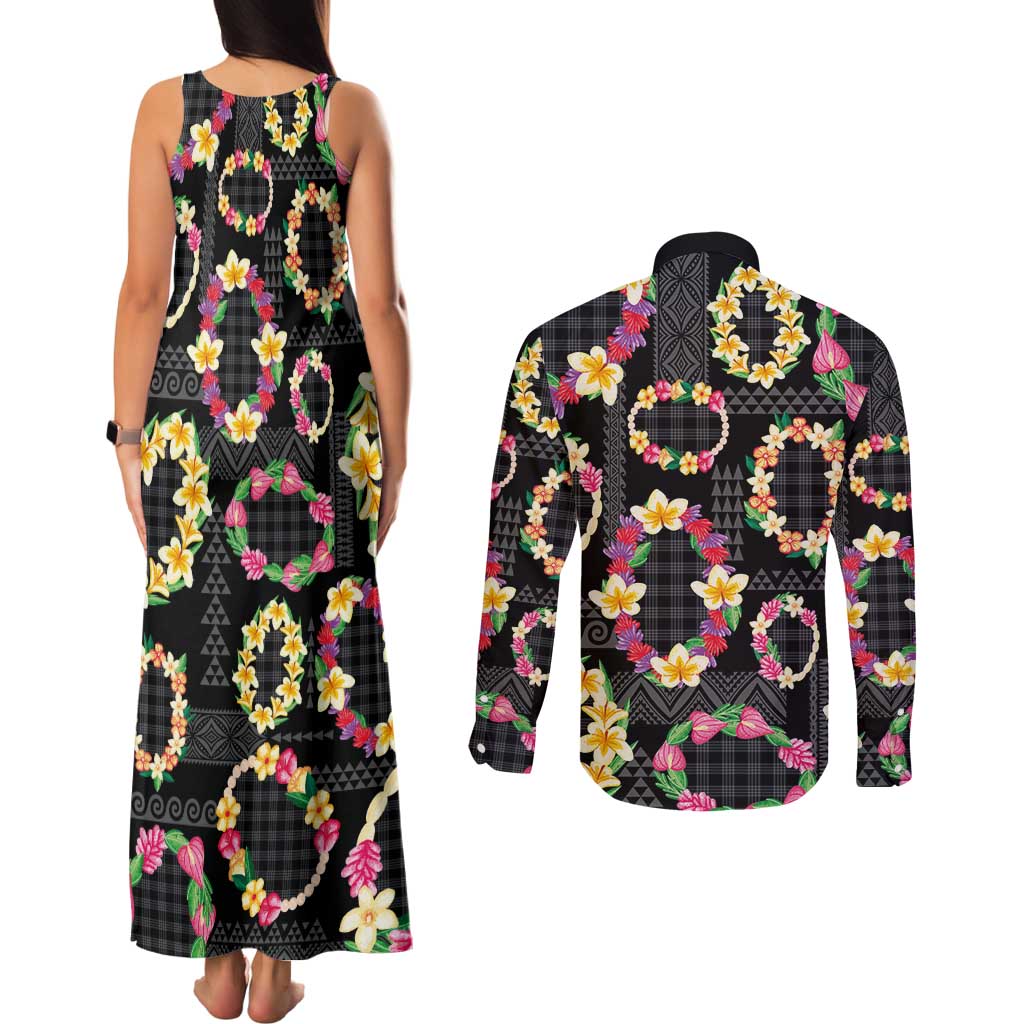 Hawaiian Kakau Tattoo Leis and Palaka Pattern Couples Matching Tank Maxi Dress and Long Sleeve Button Shirt Traditional Aloha Tribal Black Color