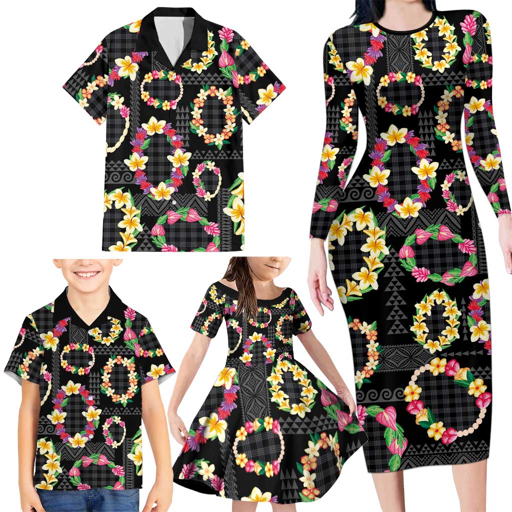 Hawaiian Kakau Tattoo Leis and Palaka Pattern Family Matching Long Sleeve Bodycon Dress and Hawaiian Shirt Traditional Aloha Tribal Black Color