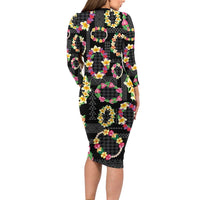 Hawaiian Kakau Tattoo Leis and Palaka Pattern Family Matching Long Sleeve Bodycon Dress and Hawaiian Shirt Traditional Aloha Tribal Black Color