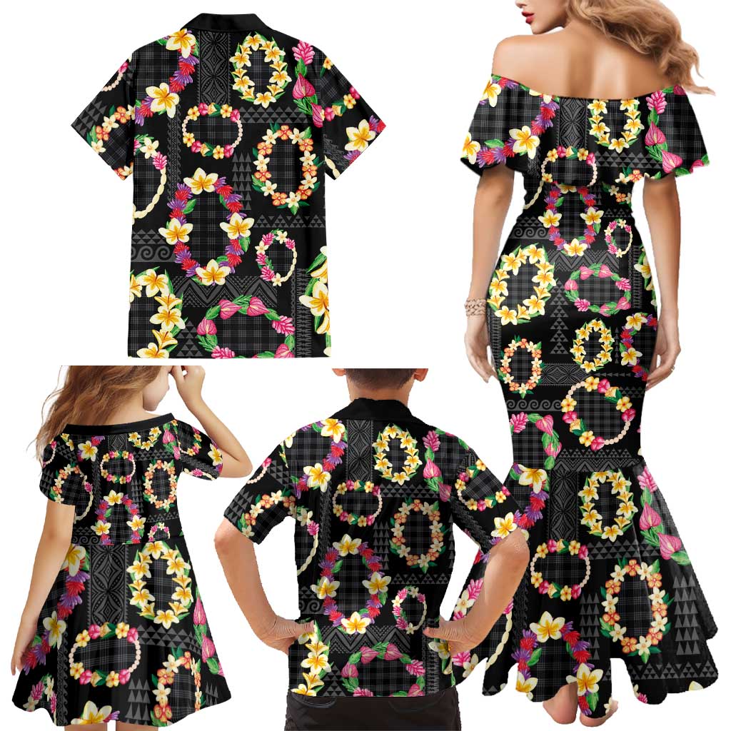 Hawaiian Kakau Tattoo Leis and Palaka Pattern Family Matching Mermaid Dress and Hawaiian Shirt Traditional Aloha Tribal Black Color