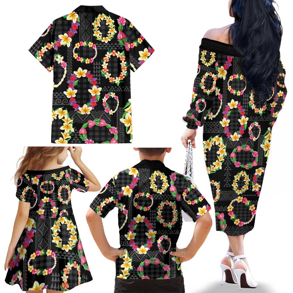 Hawaiian Kakau Tattoo Leis and Palaka Pattern Family Matching Off The Shoulder Long Sleeve Dress and Hawaiian Shirt Traditional Aloha Tribal Black Color