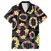 Hawaiian Kakau Tattoo Leis and Palaka Pattern Family Matching Off The Shoulder Long Sleeve Dress and Hawaiian Shirt Traditional Aloha Tribal Black Color