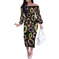 Hawaiian Kakau Tattoo Leis and Palaka Pattern Family Matching Off The Shoulder Long Sleeve Dress and Hawaiian Shirt Traditional Aloha Tribal Black Color