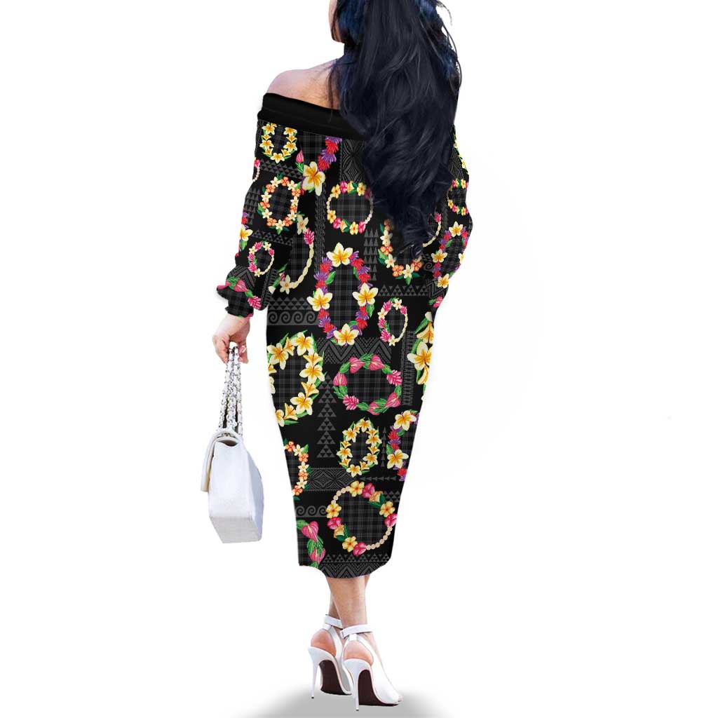 Hawaiian Kakau Tattoo Leis and Palaka Pattern Family Matching Off The Shoulder Long Sleeve Dress and Hawaiian Shirt Traditional Aloha Tribal Black Color