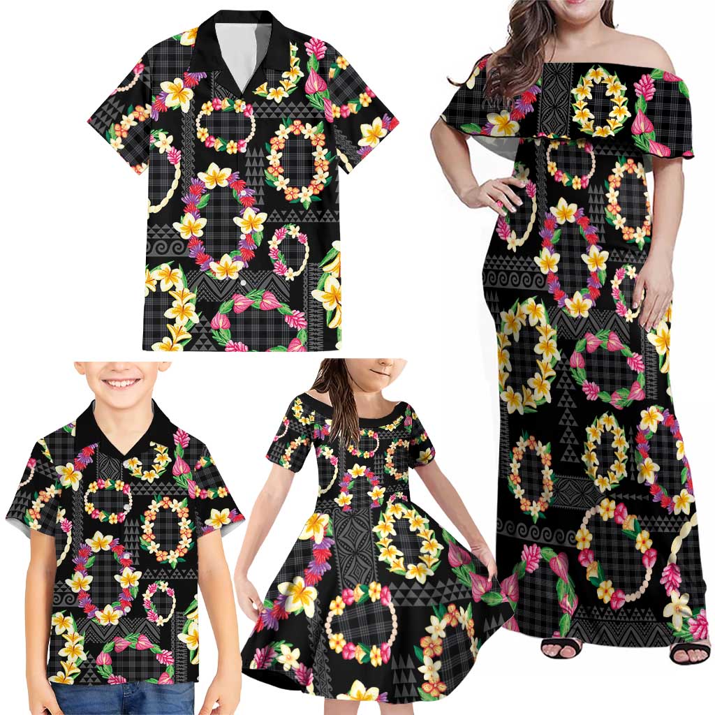 Hawaiian Kakau Tattoo Leis and Palaka Pattern Family Matching Off Shoulder Maxi Dress and Hawaiian Shirt Traditional Aloha Tribal Black Color