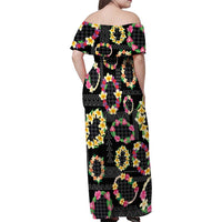 Hawaiian Kakau Tattoo Leis and Palaka Pattern Family Matching Off Shoulder Maxi Dress and Hawaiian Shirt Traditional Aloha Tribal Black Color