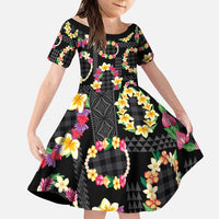 Hawaiian Kakau Tattoo Leis and Palaka Pattern Family Matching Off Shoulder Short Dress and Hawaiian Shirt Traditional Aloha Tribal Black Color