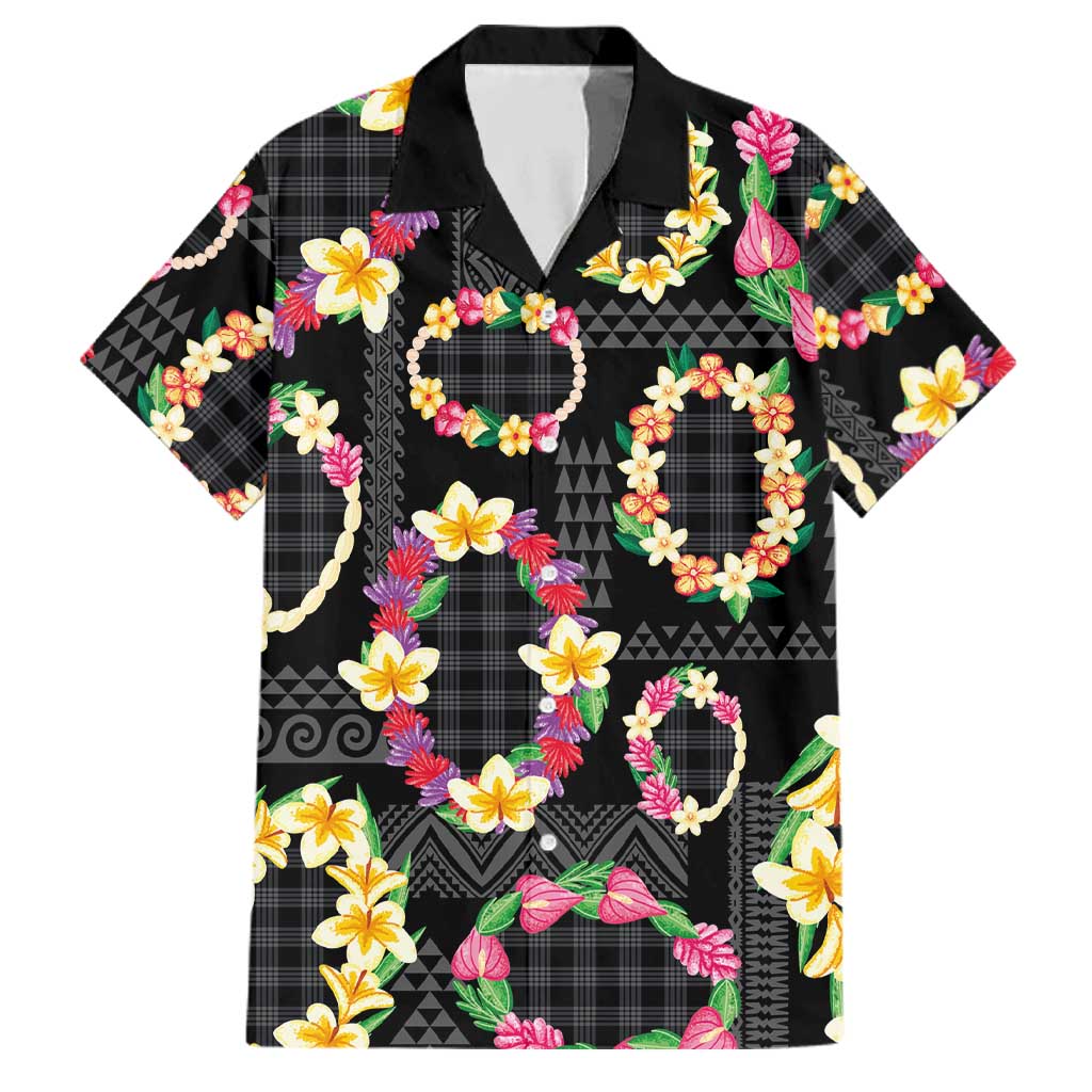 Hawaiian Kakau Tattoo Leis and Palaka Pattern Family Matching Off Shoulder Short Dress and Hawaiian Shirt Traditional Aloha Tribal Black Color