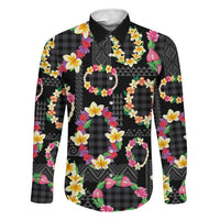 Hawaiian Kakau Tattoo Leis and Palaka Pattern Family Matching Off Shoulder Short Dress and Hawaiian Shirt Traditional Aloha Tribal Black Color