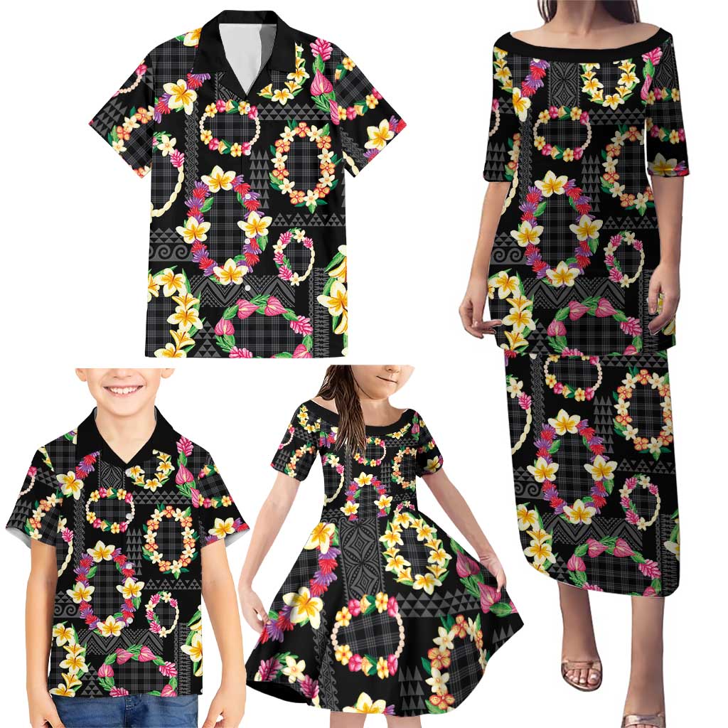 Hawaiian Kakau Tattoo Leis and Palaka Pattern Family Matching Puletasi and Hawaiian Shirt Traditional Aloha Tribal Black Color