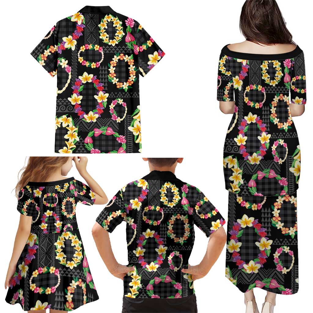 Hawaiian Kakau Tattoo Leis and Palaka Pattern Family Matching Puletasi and Hawaiian Shirt Traditional Aloha Tribal Black Color