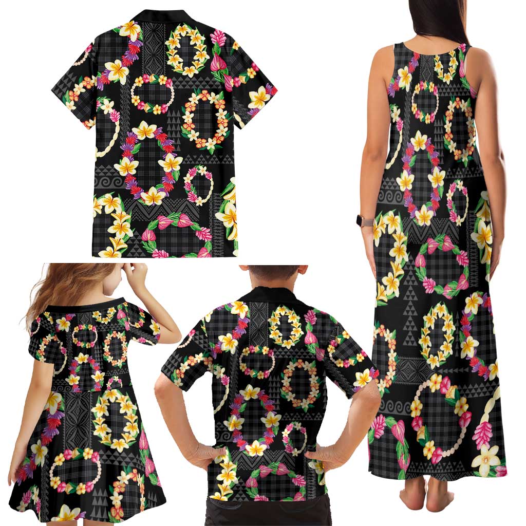 Hawaiian Kakau Tattoo Leis and Palaka Pattern Family Matching Tank Maxi Dress and Hawaiian Shirt Traditional Aloha Tribal Black Color