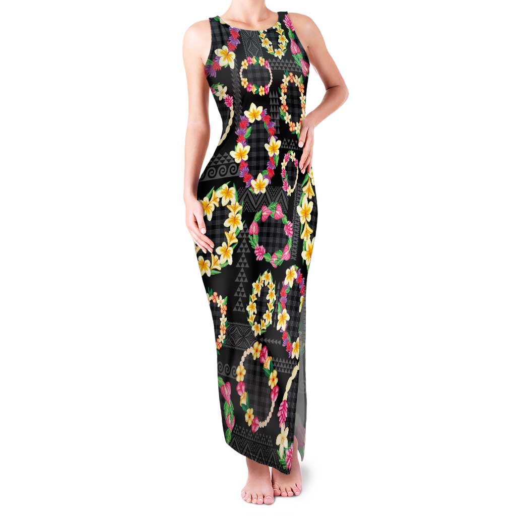 Hawaiian Kakau Tattoo Leis and Palaka Pattern Family Matching Tank Maxi Dress and Hawaiian Shirt Traditional Aloha Tribal Black Color
