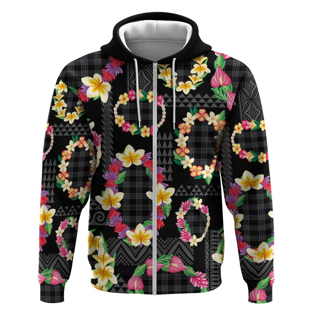 Hawaiian Kakau Tattoo Leis and Palaka Pattern Hoodie Traditional Aloha Tribal Black Color LT03 Zip Hoodie Black - Polynesian Pride