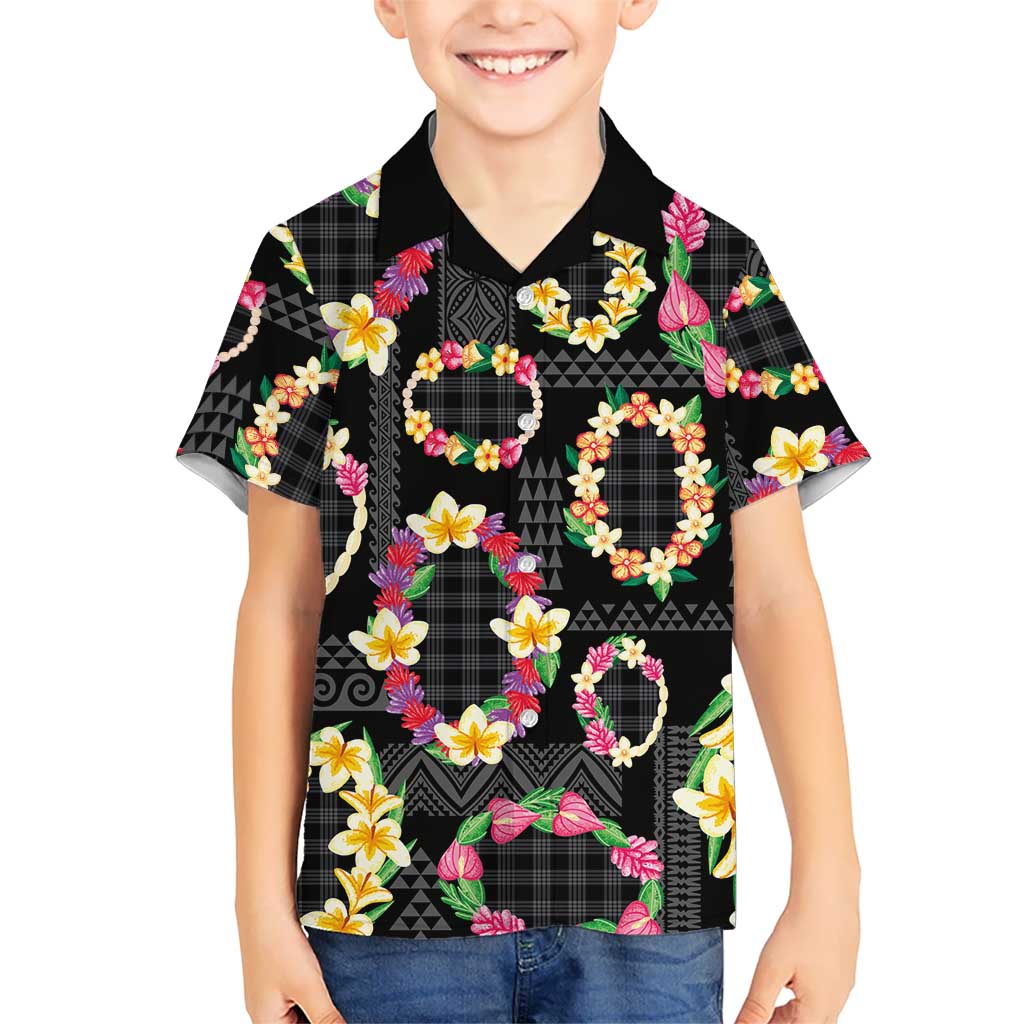 Hawaiian Kakau Tattoo Leis and Palaka Pattern Kid Hawaiian Shirt Traditional Aloha Tribal Black Color LT03 Kid Black - Polynesian Pride