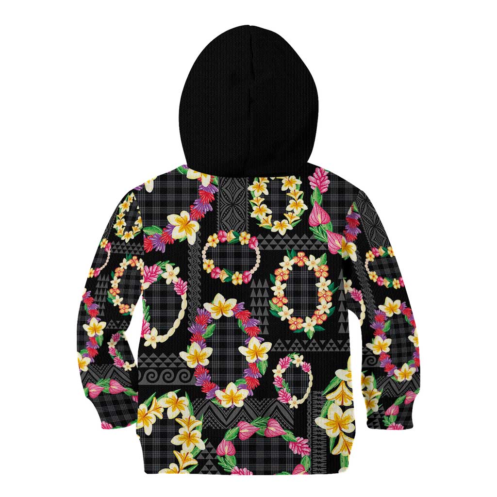 Hawaiian Kakau Tattoo Leis and Palaka Pattern Kid Hoodie Traditional Aloha Tribal Black Color LT03 - Polynesian Pride