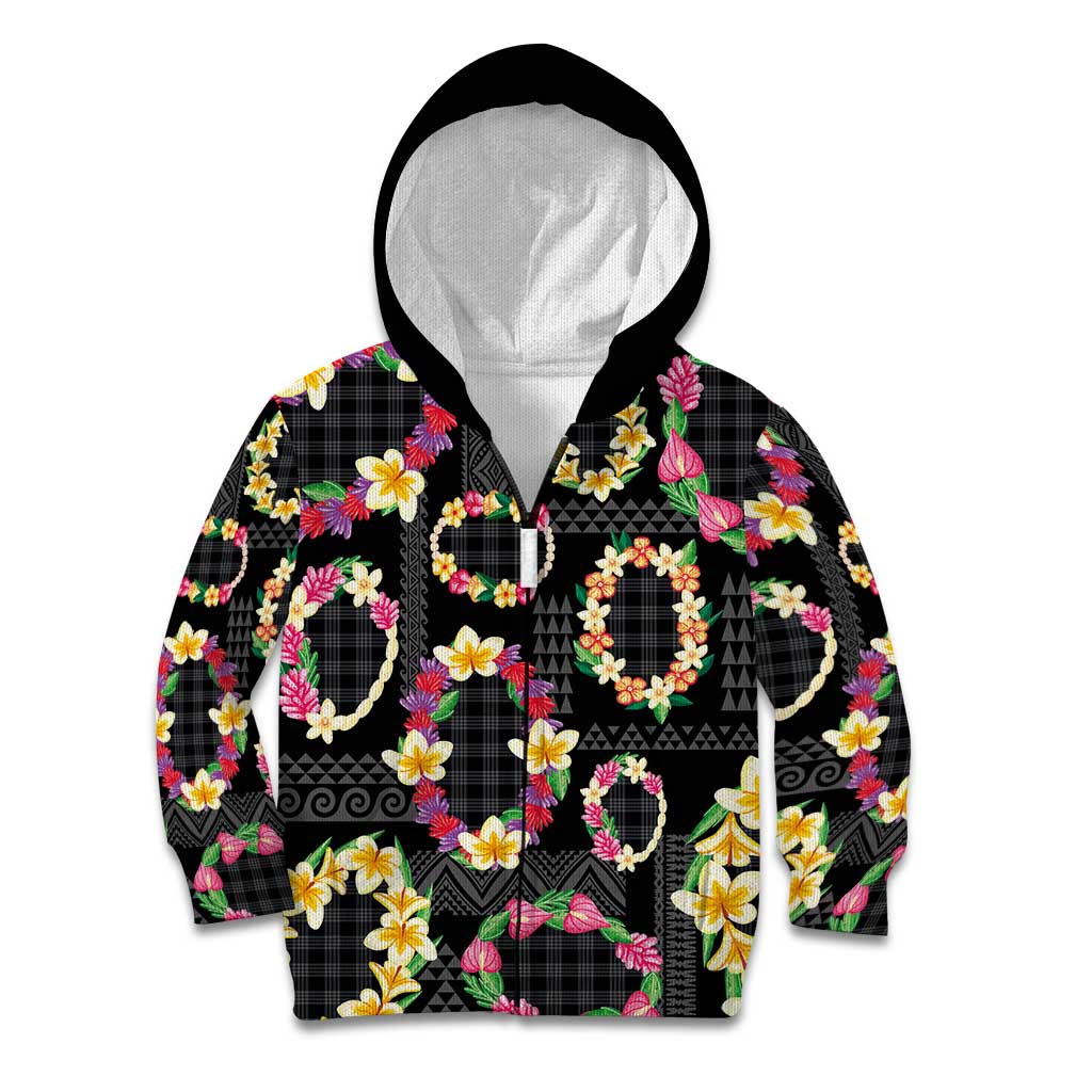 Hawaiian Kakau Tattoo Leis and Palaka Pattern Kid Hoodie Traditional Aloha Tribal Black Color LT03 Zip Hoodie Black - Polynesian Pride