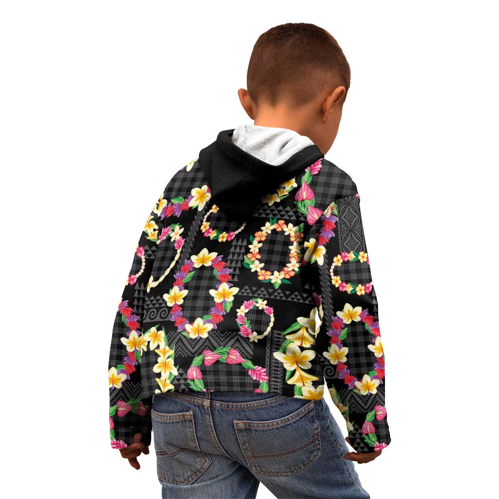 Hawaiian Kakau Tattoo Leis and Palaka Pattern Kid Hoodie Traditional Aloha Tribal Black Color LT03 - Polynesian Pride