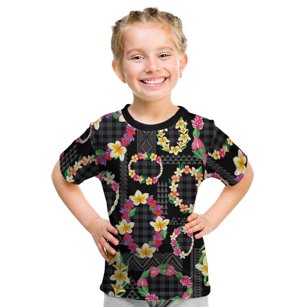 Hawaiian Kakau Tattoo Leis and Palaka Pattern Kid T Shirt Traditional Aloha Tribal Black Color