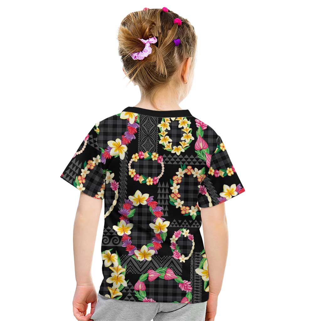 Hawaiian Kakau Tattoo Leis and Palaka Pattern Kid T Shirt Traditional Aloha Tribal Black Color