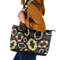 Hawaiian Kakau Tattoo Leis and Palaka Pattern Leather Tote Bag Traditional Aloha Tribal Black Color