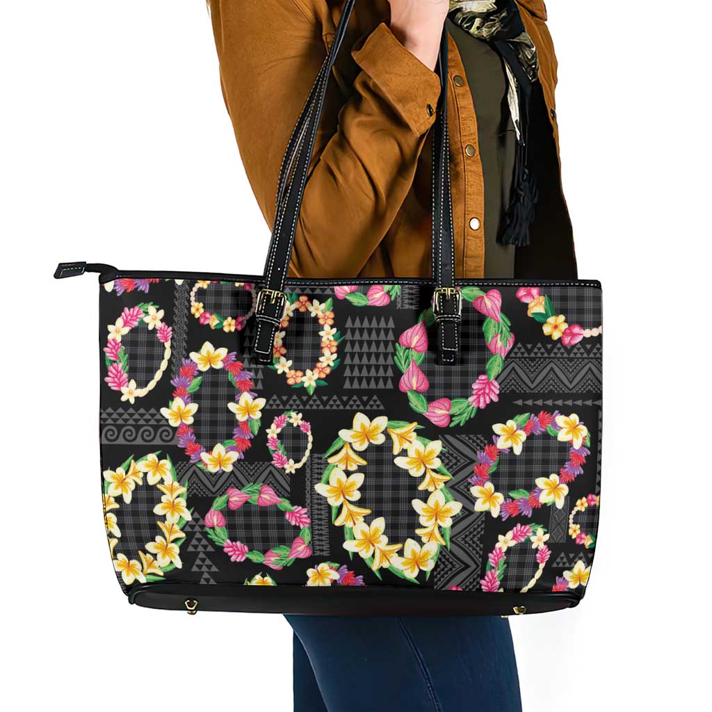 Hawaiian Kakau Tattoo Leis and Palaka Pattern Leather Tote Bag Traditional Aloha Tribal Black Color