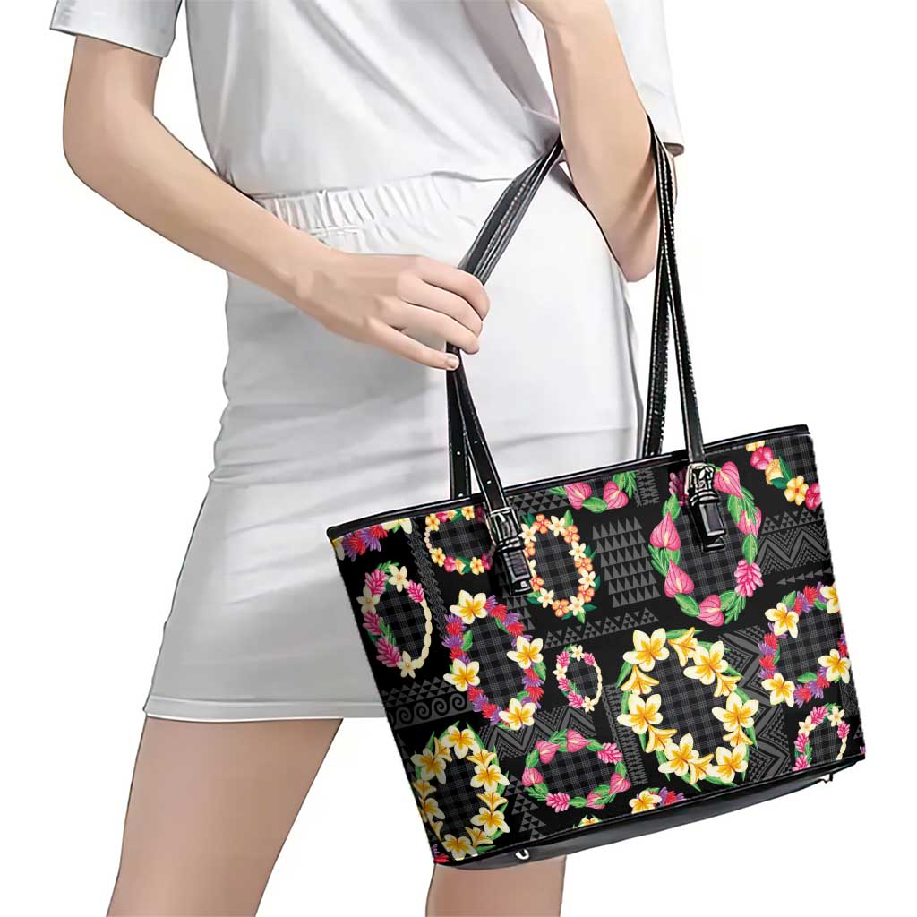 Hawaiian Kakau Tattoo Leis and Palaka Pattern Leather Tote Bag Traditional Aloha Tribal Black Color