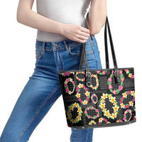 Hawaiian Kakau Tattoo Leis and Palaka Pattern Leather Tote Bag Traditional Aloha Tribal Black Color