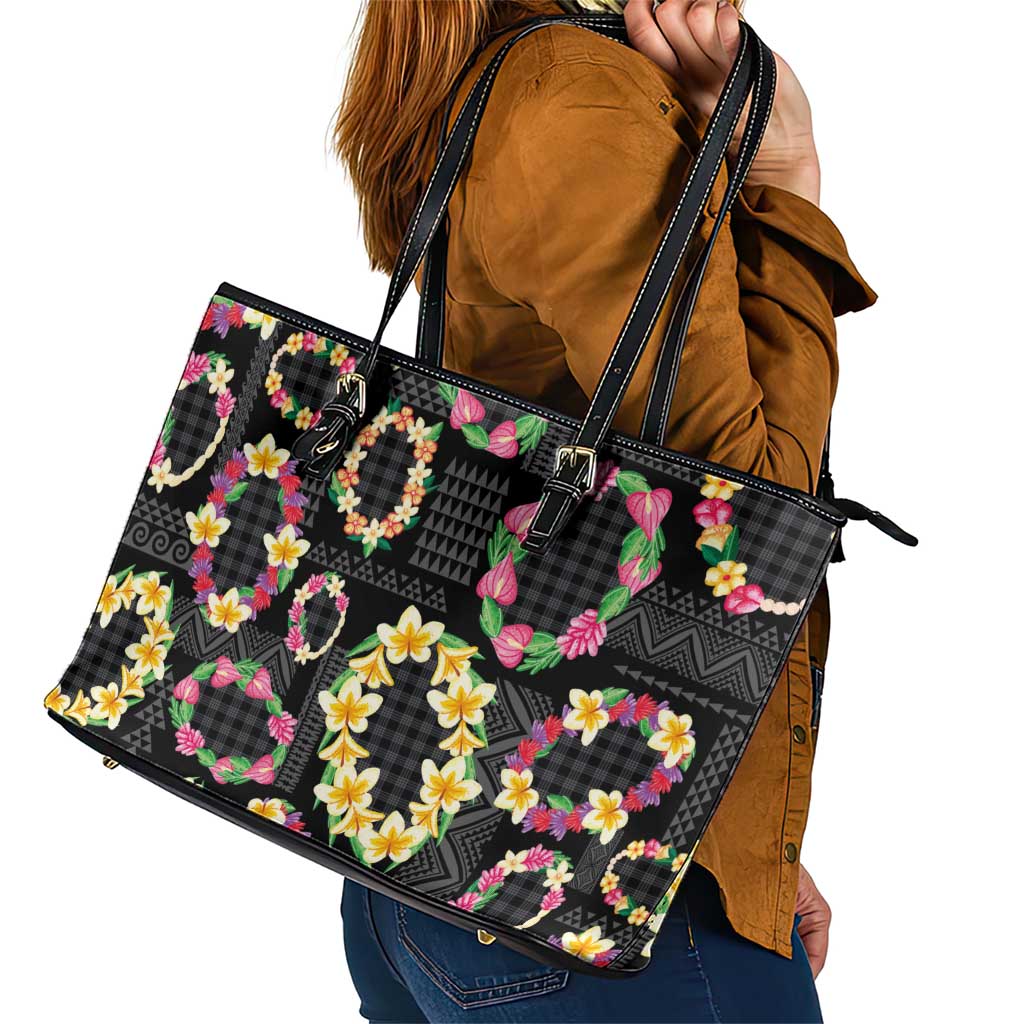 Hawaiian Kakau Tattoo Leis and Palaka Pattern Leather Tote Bag Traditional Aloha Tribal Black Color