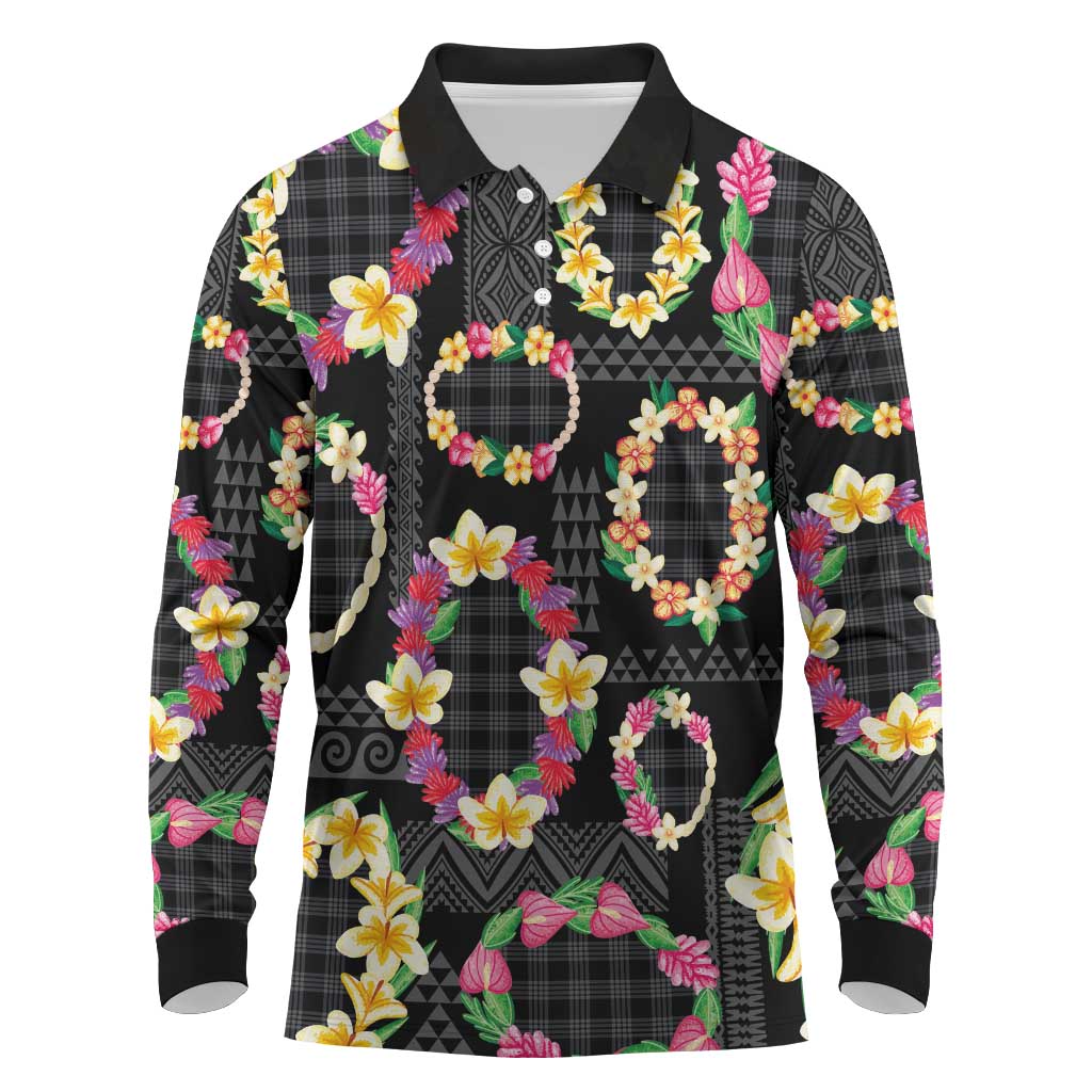 Hawaiian Kakau Tattoo Leis and Palaka Pattern Long Sleeve Polo Shirt Traditional Aloha Tribal Black Color