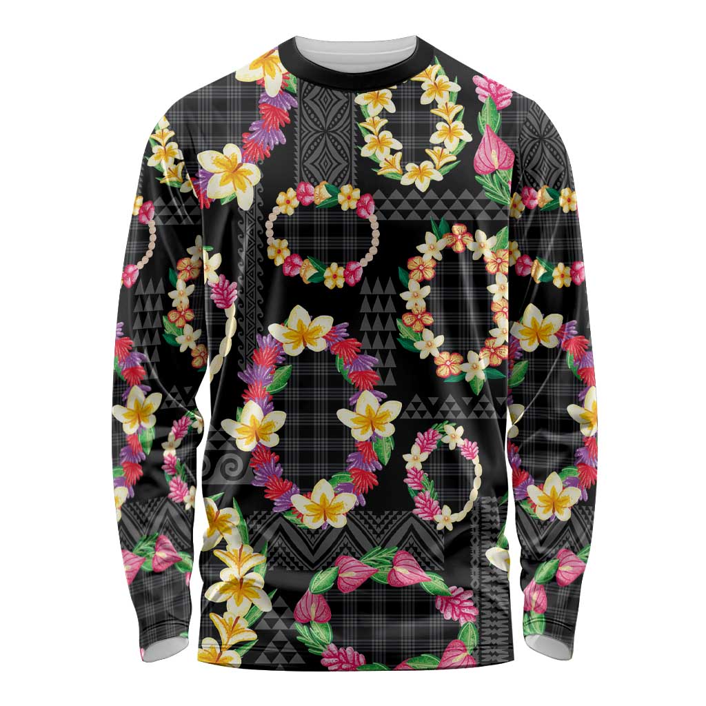 Hawaiian Kakau Tattoo Leis and Palaka Pattern Long Sleeve Shirt Traditional Aloha Tribal Black Color