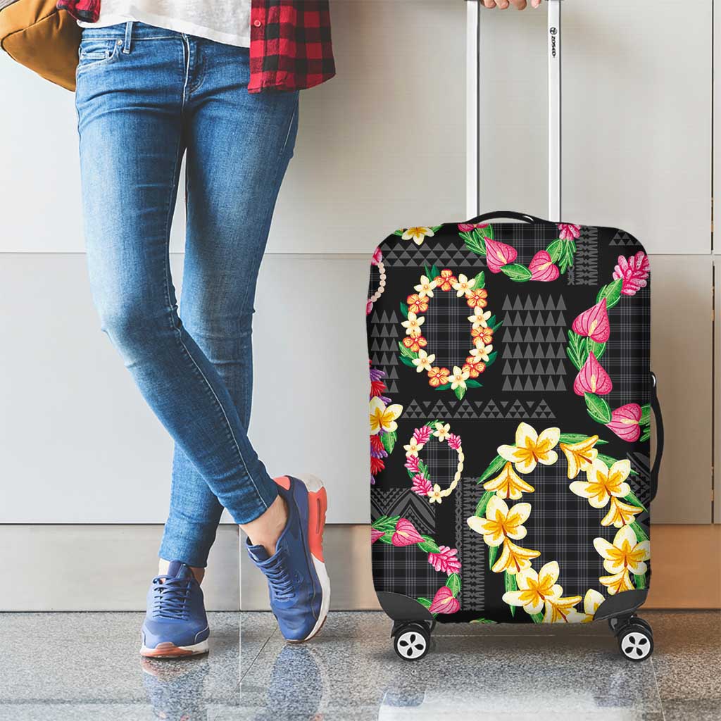 Hawaiian Kakau Tattoo Leis and Palaka Pattern Luggage Cover Traditional Aloha Tribal Black Color