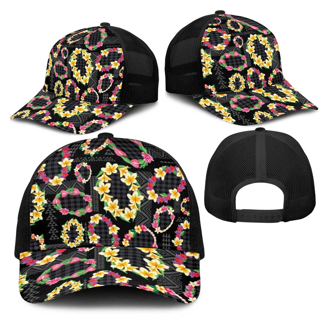 Hawaiian Kakau Tattoo Leis and Palaka Pattern Mesh Trucker Cap Traditional Aloha Tribal Black Color