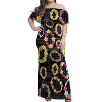 Hawaiian Kakau Tattoo Leis and Palaka Pattern Off Shoulder Maxi Dress Traditional Aloha Tribal Black Color
