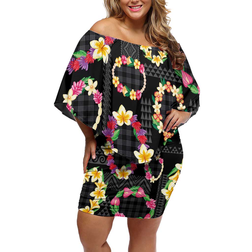 Hawaiian Kakau Tattoo Leis and Palaka Pattern Off Shoulder Short Dress Traditional Aloha Tribal Black Color LT03 Women Black - Polynesian Pride