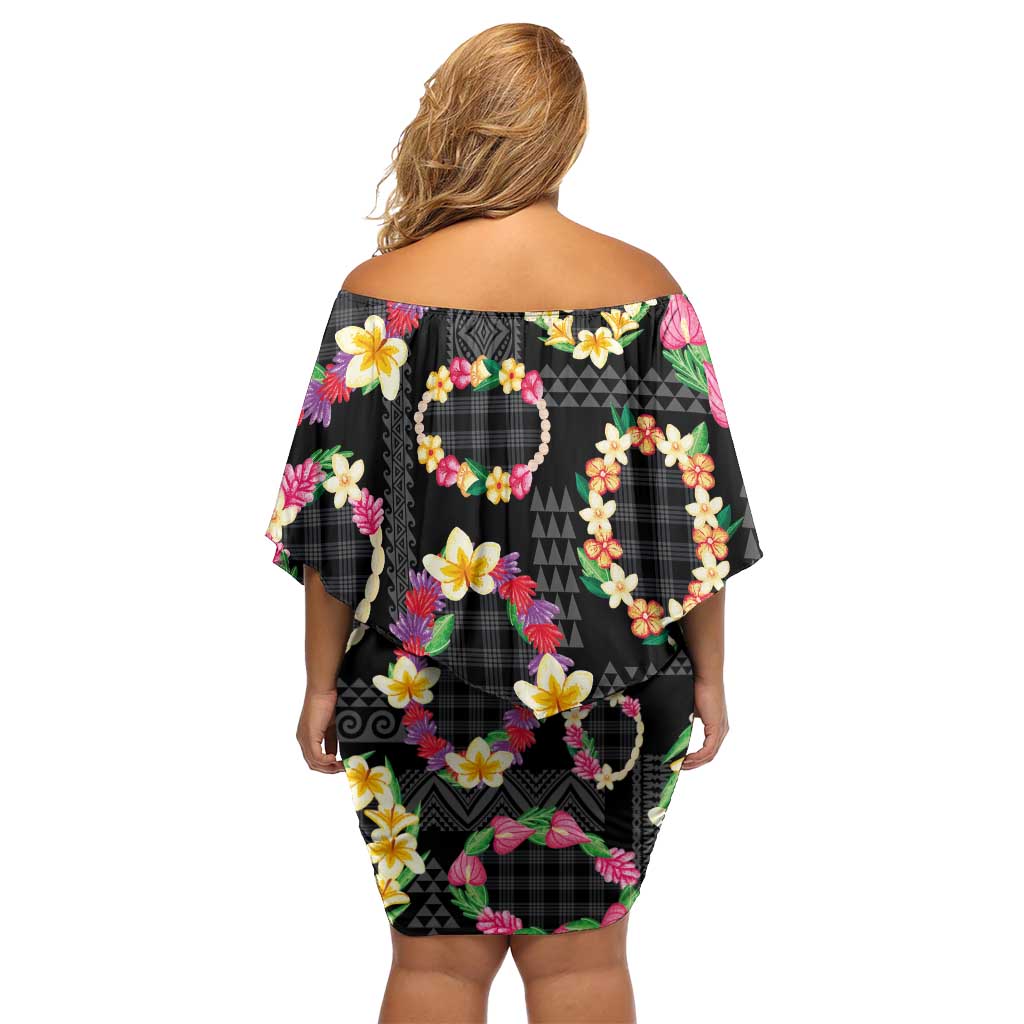 Hawaiian Kakau Tattoo Leis and Palaka Pattern Off Shoulder Short Dress Traditional Aloha Tribal Black Color LT03 - Polynesian Pride