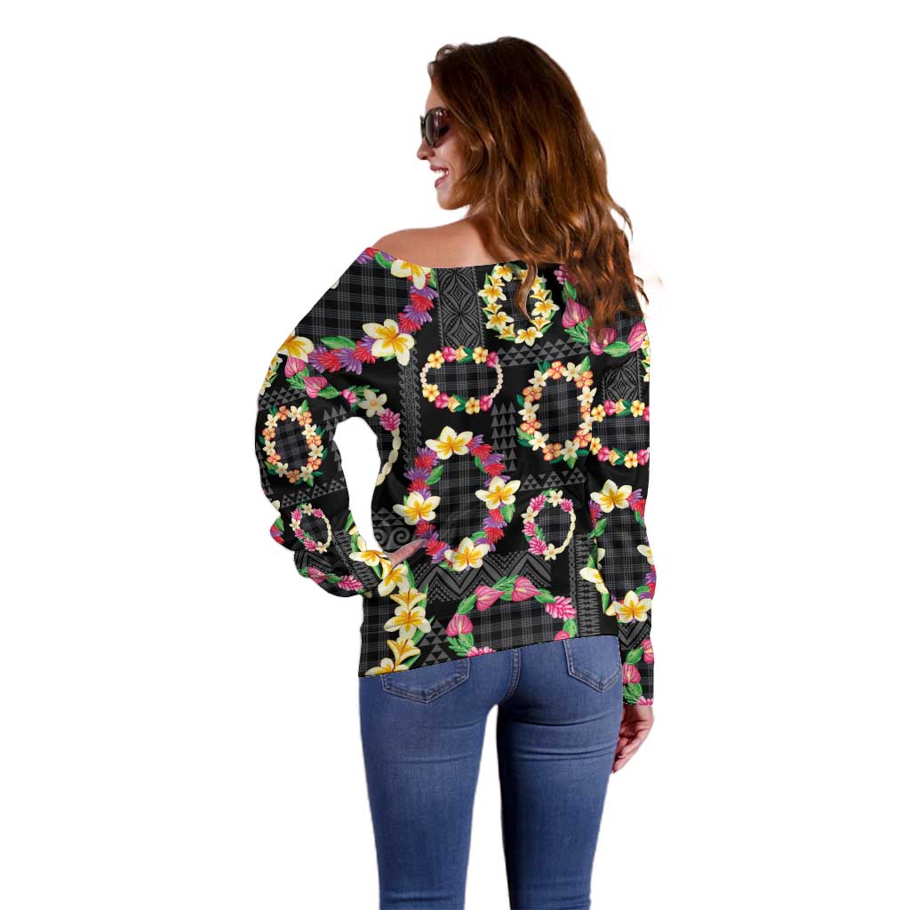 Hawaiian Kakau Tattoo Leis and Palaka Pattern Off Shoulder Sweater Traditional Aloha Tribal Black Color