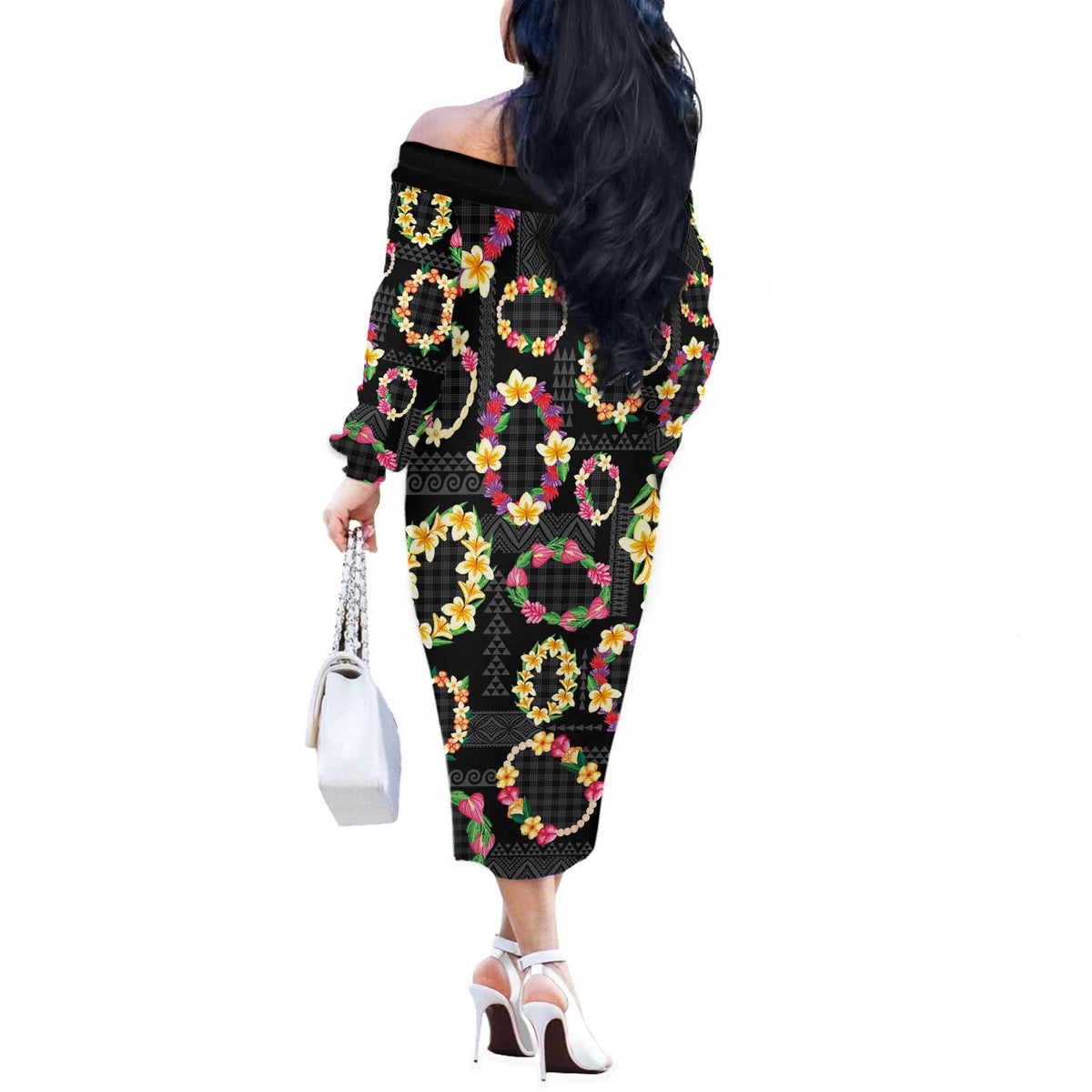 Hawaiian Kakau Tattoo Leis and Palaka Pattern Off The Shoulder Long Sleeve Dress Traditional Aloha Tribal Black Color