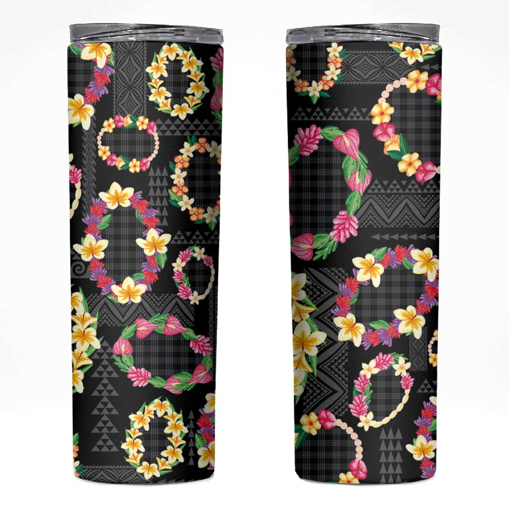 Hawaiian Kakau Tattoo Leis and Palaka Pattern Skinny Tumbler Traditional Aloha Tribal Black Color