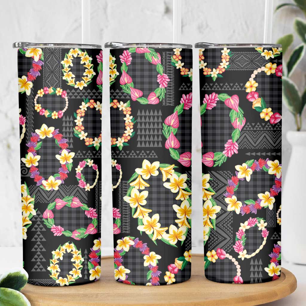 Hawaiian Kakau Tattoo Leis and Palaka Pattern Skinny Tumbler Traditional Aloha Tribal Black Color