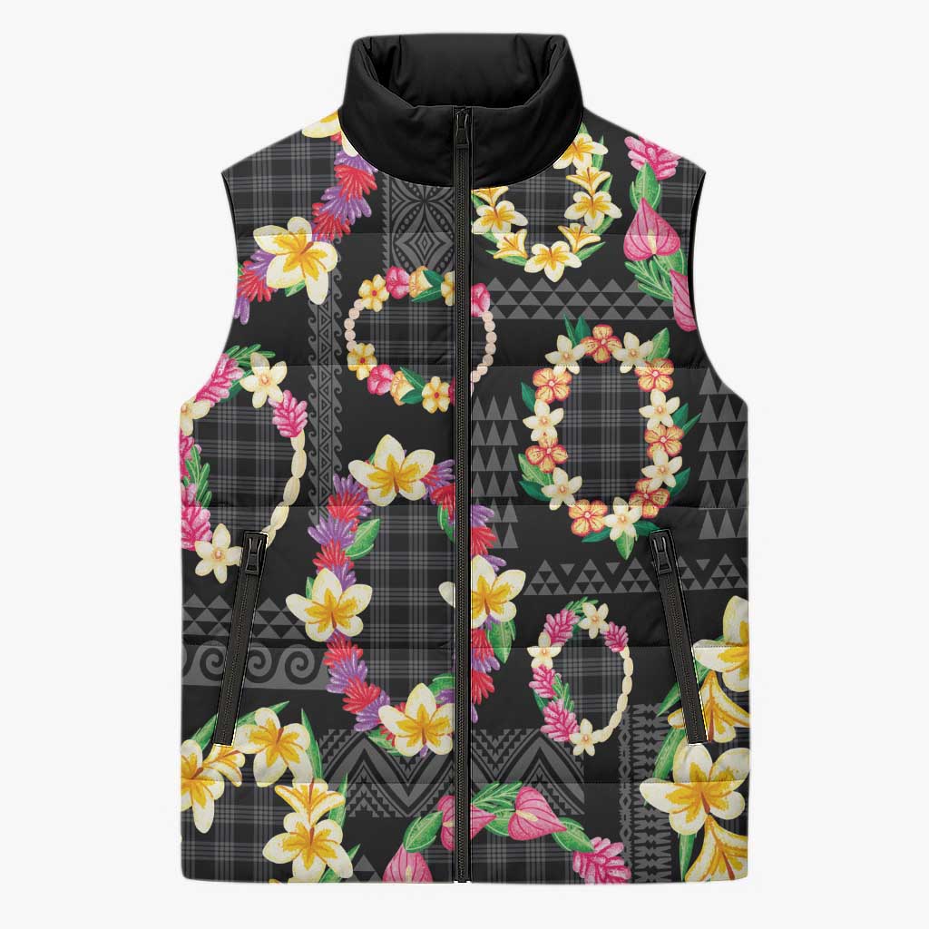 Hawaiian Kakau Tattoo Leis and Palaka Pattern Sleeveless Puffer Jacket Traditional Aloha Tribal Black Color