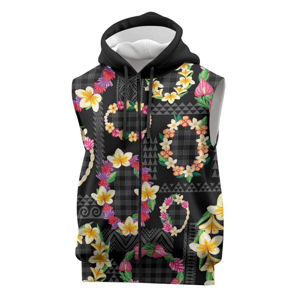 Hawaiian Kakau Tattoo Leis and Palaka Pattern Sleeveless Zip Hoodie Traditional Aloha Tribal Black Color